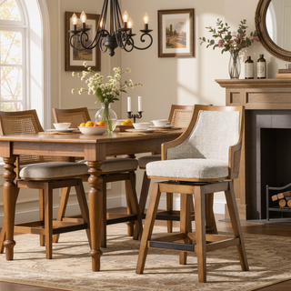 Sunvega Handcrafted Taupe Beige Cane Rattan Swivel Counter Stool with Recessed Arms