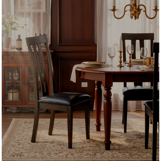 Sunvega Espresso Finish Wooden Dining Chairs with Black Faux Leather Upholstered Seat