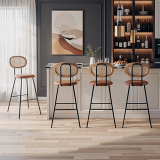 Sunvega Industrial Style Metal Bar Stools with Faux Leather Seat and Rattan Backrest