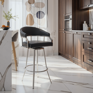 Sunvega Swivel Modern Slate Gray Faux Leather Barstool with Brushed Stainless Steel Base