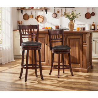 Sunvega Dark Cherry Finish Solid Wood Bar Chair with 360-Degree Swivel and Footrest
