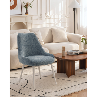 Sunvega Light Blue Boucle Upholstered Side Chair with White Metal Base and Padded Seat