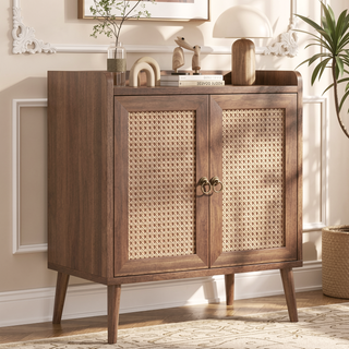 Sunvega Medieval Style Buffet Cabinet with Rattan Doors and Baffle Strip Design