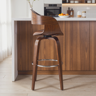 Sunvega Mid-Century Modern Swivel Barstool with Faux Leather Upholstery and Walnut Frame