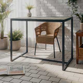 Sunvega Modern Industrial Bar Table with Acacia Wood Slat Top and Metal Frame