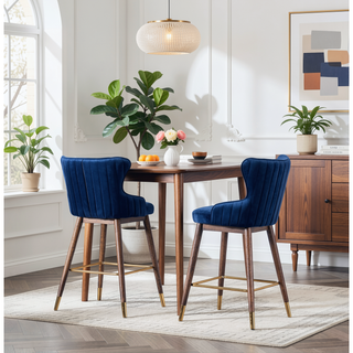 Sunvega Mid-Century Inspired Blue Velvet Upholstered Counter Height Wingback Stools