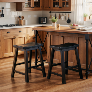 Sunvega Black Finish Bar Height Solid Wood Saddle Seat Stools Set of 2