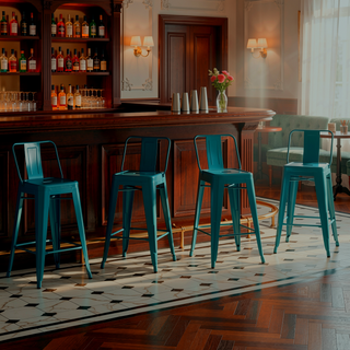 Sunvega Teal Blue Metal Counter Height Stool Set of 4 with Curved Back and Foot Rest