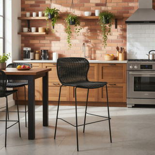 Sunvega Brown Faux Rattan Metal Bar Stool Set with a Sleek Modern Frame