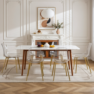 Sunvega Modern Minimalist Transparent PET Plastic Dining Chair with Gold Plated Legs