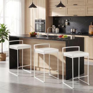 Sunvega White Metal and Faux Leather Stackable Counter Stool Set of Three