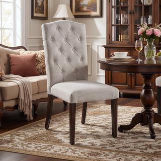 Sunvega Beige Linen Upholstered Dining Chairs with Weathered Espresso Wooden Legs Set of 2