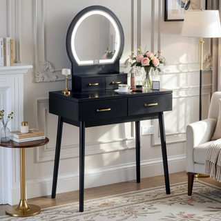 Sunvega Modern Luxury White Vanity Table Set with Built-in LED-lit Mirror and Stool