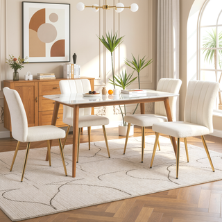 Sunvega Modern White Teddy Wool Dining Chair with Gold Plated Metal Legs for Living Room