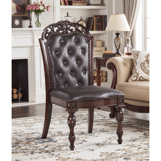 Sunvega Traditional Walnut Solid Wood Dining Chairs with Dark Brown Leatherette Seats