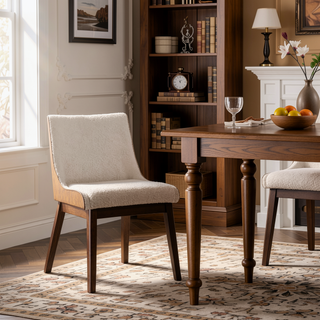 Sunvega Mid-Century Modern Walnut Beige Curved Panel Back Side Chair with Padded Seats