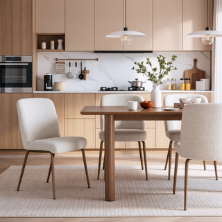 Sunvega Set of 2 White Boucle Dining Chairs with Bronze Metal Tapered Legs