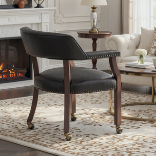 Sunvega Walnut Game Dining Chair with Black Faux Leather and Nailhead Trim