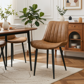 Sunvega Brown PU Leather Dining Chairs with Metal Legs and Wave Pattern Upholstery