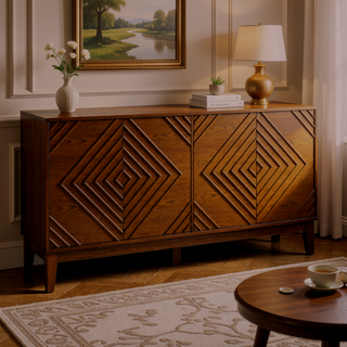 Sunvega Mid Century Modern Fluted Sideboard with Geometric Pattern and Adjustable Shelves