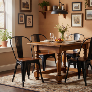 Sunvega High Gloss Black with Walnut Wooden Seat Industrial Metal Dining Chairs Set of 4