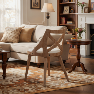 Sunvega Farmhouse Dining Chair with White Washed Wood and Cream Noise Fabric - Set of 2