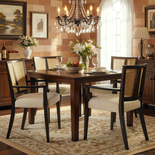 Sunvega Mid-Century Modern Cane Back Arm Dining Chairs with Upholstered Seat Set of 2