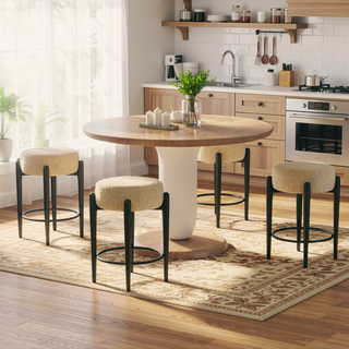 Sunvega Mid-Century Modern Kitchen Stools Set of 4 with White Boucle Upholstery and Metal Base