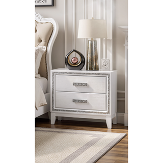 Sunvega White Finish Transitional Glam Nightstand with Spacious 2-Drawer Storage