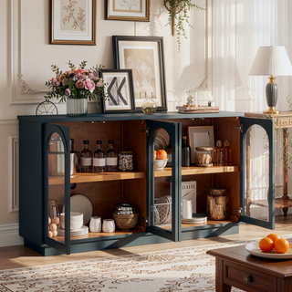 Sunvega Arched Glass Door Storage Buffet Cabinet with Adjustable Shelves for Kitchen Dining Room