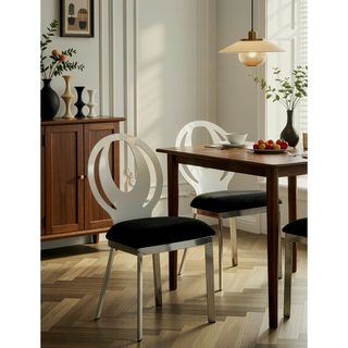 Sunvega Contemporary Silver Metal Frame Oval Back Dining Chairs with Black Microfiber Seat