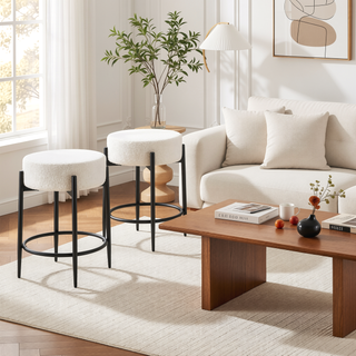 Sunvega Mid-Century Modern Kitchen Stools Set of 4 with White Boucle Upholstery and Metal Base