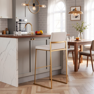 Sunvega Gold Steel and White Velvet Upholstered High Back Bar Stool Set of 2
