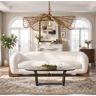 Sunvega Modern Puffy Platform Bed with Arched Headboard in Ivory White Boucle