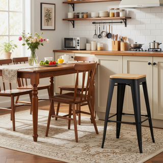 Sunvega Oregon Contemporary Bar Stool in Black Steel and Natural Wood Set of 2