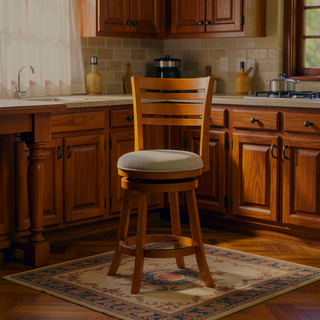 Sunvega Cherry Finish Beige Fabric Slat Back Swivel Stool for Counter Height