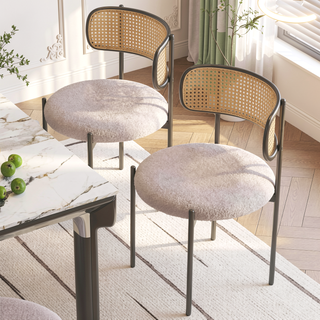 Sunvega Modern Upholstered Dining Chairs Set of 2 with Rattan Backrest and Metal Legs