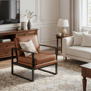 Sunvega Franklin Contemporary Black Metal and Camel Faux Leather Arm Chair