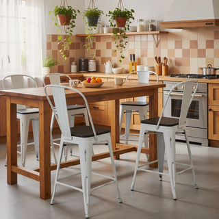 Sunvega Industrial High Back Counter Stools with Steel Frame and Bamboo Seat