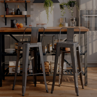 Sunvega Industrial Metal Bar Stool Set of 2 with Curved Back and Foot Rest