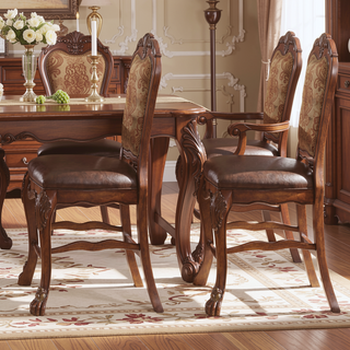 Sunvega Beige and Cherry Oak Counter Height Chairs with Ornate Carved Wood Legs