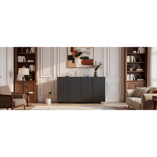 Sunvega Antique Navy Buffet Cabinet with 4 Fluted Doors and Adjustable Shelves