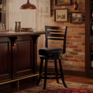 Sunvega Cherry Finish Beige Fabric Slat Back Swivel Stool for Counter Height