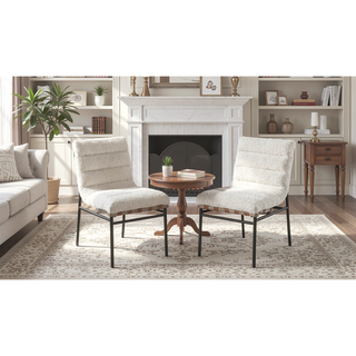 Sunvega Boucle Upholstered Chair with Cognac PU Leather Detailing and Black Iron Legs