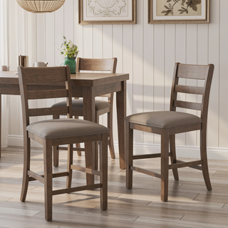 Sunvega Farmhouse Upholstered Rubberwood Counter Stools with Ladder Back Set of 2