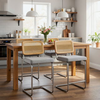 Sunvega Cantilever Velvet Bar Stools Set of 2 with Rattan Back for Kitchen Island