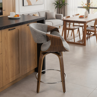 Sunvega Mid-Century Modern Counter Stool Set with Walnut Frame and Grey Fabric