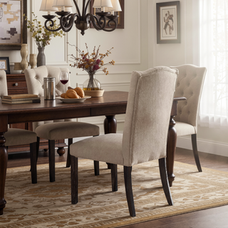 Sunvega Beige Linen Upholstered Dining Chairs with Weathered Espresso Wooden Legs Set of 2