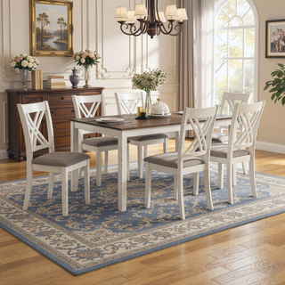 Sunvega Seven Piece Dining Set with Worn Farmhouse Finish and Light Brown Fabric Chairs