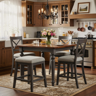 Sunvega Antique White and Rosy Brown Wooden Counter Height Table with Built-in Shelves